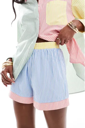 Extro & Vert Pantalones cortos a rayas en tonos pastel con diseño tipo patchwork de (parte de un conjunto)-Multicolor