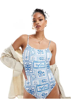 ASOS Bañador azul de tirantes finos con cuello cuadrado Soleil de Tall-Multicolor