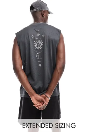 ASOS Camiseta gris extragrande sin mangas con estampado vertical en la espalda de malla deportiva de