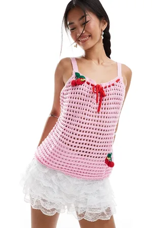 Neon Rose Top de tirantes con aplicación de cerezas de punto pointelle de (parte de un conjunto)