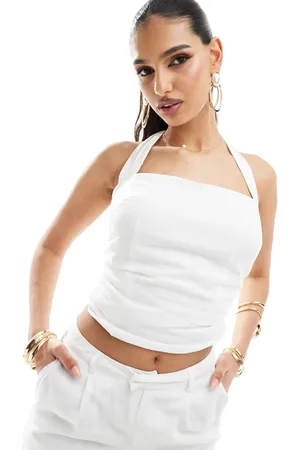 Kaiia Top con cuello halter cuadrado y detalle fruncido de tejido efecto lino de (parte de un conjunto)