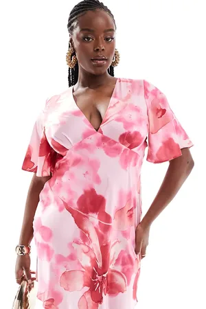 ASOS Vestido corto rosa con mangas fluidas y estampado floral de satén de ASOS DESIGN Curve-Multicolor