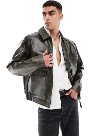 ASOS Chaqueta Harrington oscuro extragrande con acabado desgastado de cuero sintético de -Azul
