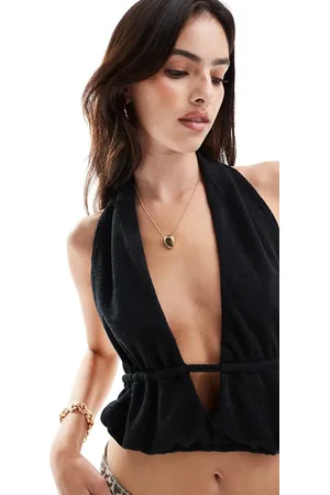 ASOS Top corto con cuello halter y espalda al aire de tejido efecto lino de