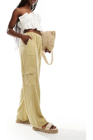 Noisy May Pantalones cargo amarillos a rayas de corte suelto de mezcla de lino de
