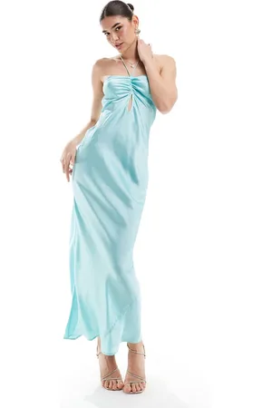 ASOS Vestido largo color aguamarina con cuello halter, pecho fruncido y abertura de satén de -Azul