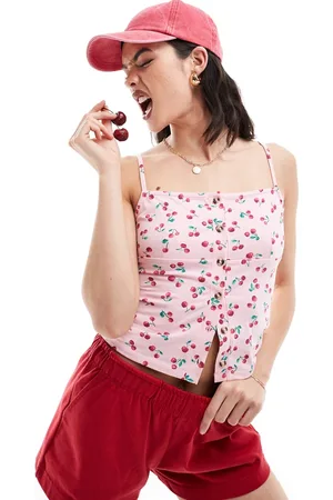 ASOS Top de tirantes con estampado de cerezas y botones efecto cuerno de -Multicolor
