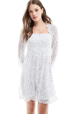 VERO MODA Vestido corto fruncido de manga larga con estampado floral azul y escote cuadrado de