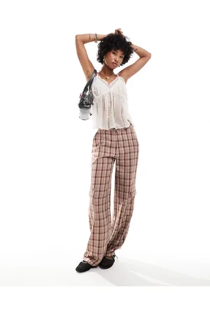 Daisy Street Pantalones cargo a cuadros monocromáticos de pernera ancha con cadena extraíble de -Marrón