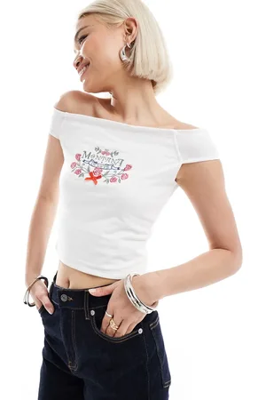 Daisy Street Top corto con bordados y escote Bardot de