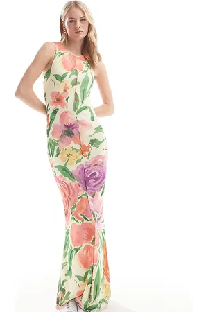 VERO MODA Vestido veraniego sin mangas con borde ondulado y estampado floral de malla de -Amarillo