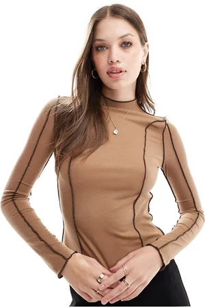 VERO MODA Camiseta marrón de manga larga con pespuntes en contraste de -Beis neutro