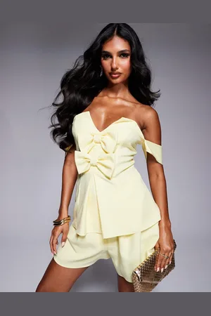 ASOS Top de sastre amarillo pastel con escote Bardot y detalle de lazos de tejido efecto lino de (parte de un conjunto)