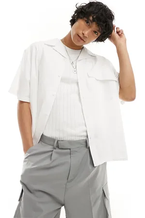 COLLUSION Camisa blanca extragrande de manga corta con cuello de solapas de popelina de