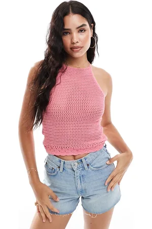 MANGO Top con cuello halter de croché de