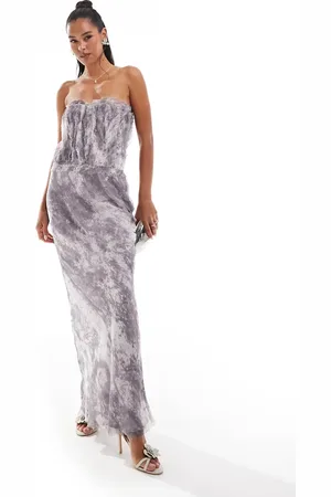 ASOS Vestido midi estilo corsé con escote palabra de honor, estampado marmoleado y bordes sin rematar de -Multicolor