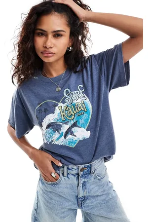 Daisy Street Camiseta azul lavado holgada con estampado gráfico de delfines de