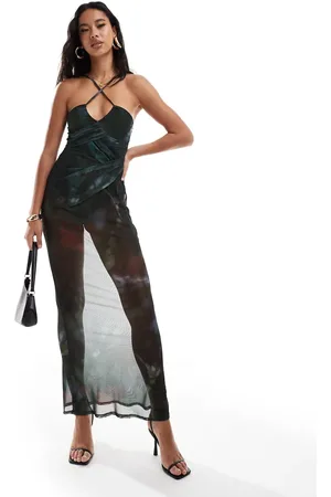 ASOS Vestido largo transparente con , diseño de capas asimétricas fruncidas y detalle de cuello de tiras de -Multicolor
