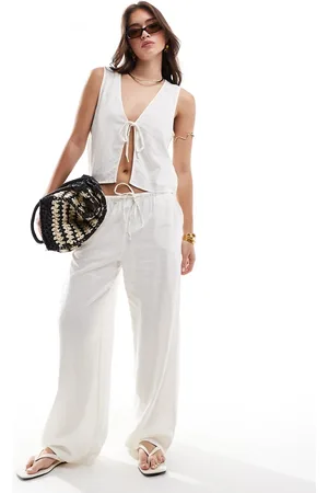 JDY Pantalones blancos de pernera recta de mezcla de lino de (parte de un conjunto)
