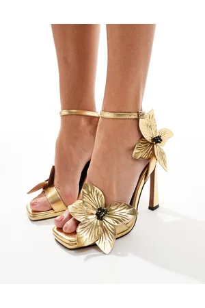 ASOS Sandalias doradas de tacón alto con detalle floral Nettle de