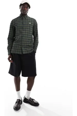 Fred Perry Camisa Oxford a cuadros escoceses verdes y negros de