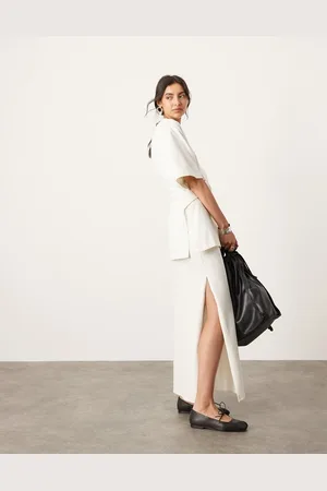 ASOS Falda larga color leche de coco con abertura lateral de punto texturizado premium de (parte de un conjunto)-Blanco