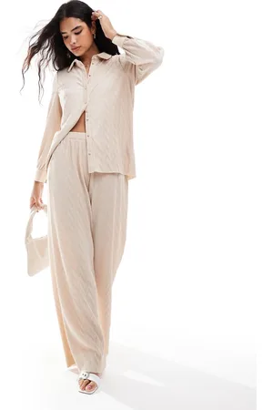 VILA Pantalones color crema plisados de pernera ancha de (parte de un conjunto)-Blanco