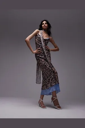 Topshop Vestido lencero con cuello desbocado, estampado de leopardo, detalles azules y pañuelo de chifón de