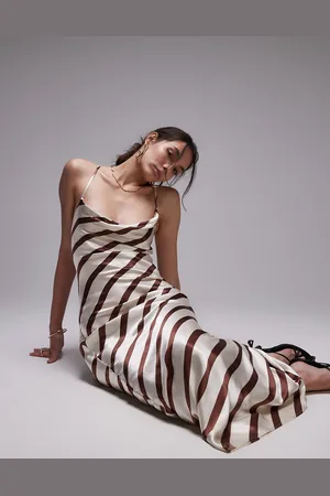 Topshop Vestido lencero midi marrón y blanco marfil a rayas con diseño desbocado de -Rosa
