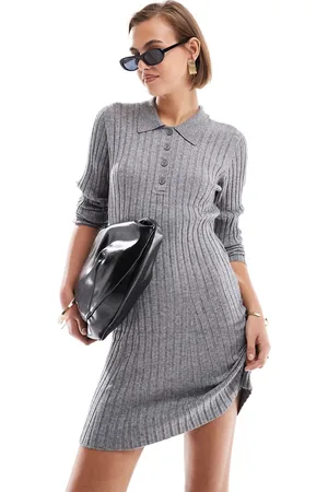 Object Vestido corto gris medio jaspeado con cuello panadero de punto de