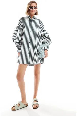 ASOS Vestido camisero corto a rayas verdes de corte boyfriend con mangas de blusón de -Multicolor