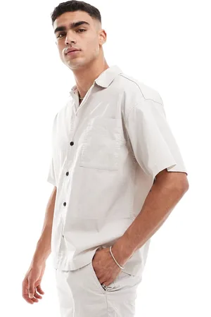 JACK & JONES Camisa beis extragrande con botones de presión de tejido texturizado de (parte de un conjunto)-Beis neutro