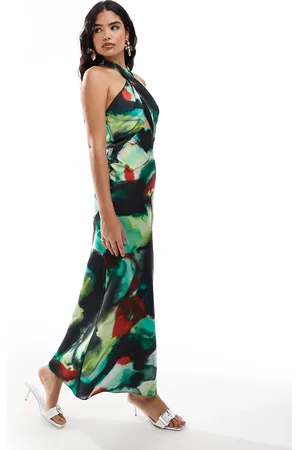 ASOS Vestido largo con , cuello halter cruzado en la parte delantera y detalle de abertura de satén de -Multicolor
