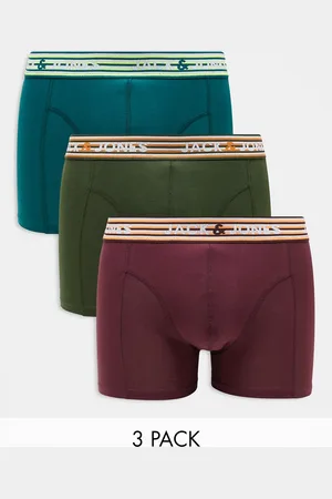 JACK & JONES Pack de 3 calzoncillos de color verde y burdeos con cinturilla a rayas en tonos neón de