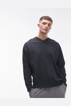 Topman Camiseta negro lavado de manga larga con cuello de pico de