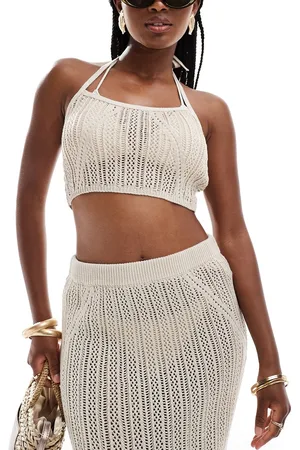 ASOS Top corto color con cuello halter de punto de (parte de un conjunto)-Blanco