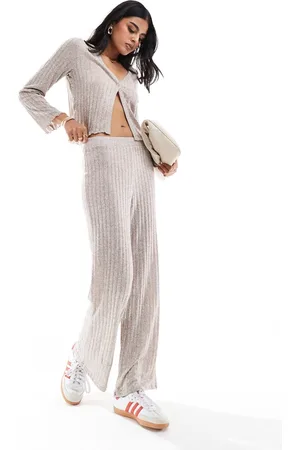 Pieces® Pantalones melange de pernera ancha de punto acanalado de (parte de un conjunto)- neutro
