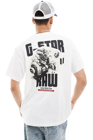 G-Star Camiseta blanca extragrande con estampado de motor y logo en el pecho y la espalda de