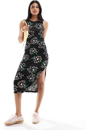 JDY Vestido midi multicolor con estampado floral y abertura lateral exclusivo de