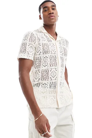 Hollister Camisa blanca de manga corta con cuello de solapas de encaje de