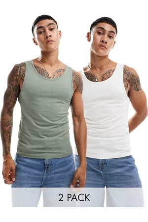ASOS Pack de 2 camisetas de color crema y verde medio ajustadas de tirantes de