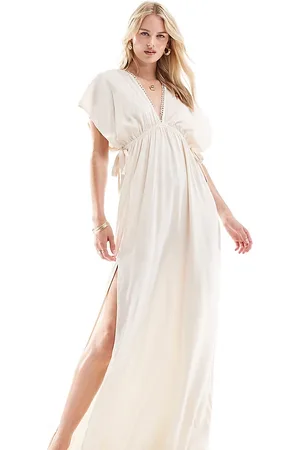 ASOS Vestido playero largo color con mangas acampanadas y detalle de lazadas Faye de Tall-Blanco