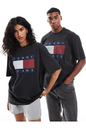 Tommy Hilfiger Camiseta negra unisex con logo grande de bandera de