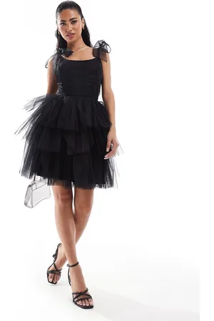 Lace & Beads Vestido corto con cuerpo tipo corsé y tirantes anudados de tul de