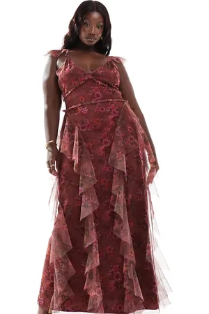Lace & Beads Vestido largo morado con estampado floral y volantes de