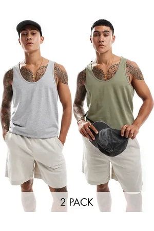 ASOS Pack de 2 camisetas de color caqui y gris jaspeado de tirantes de