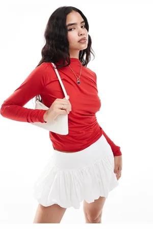VERO MODA Top rojo cereza fruncido de manga larga de punto liso de