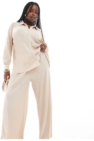 VILA Pantalones color crema plisados de pernera ancha de (parte de un conjunto)-Blanco