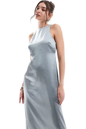 4th & Reckless Vestido largo gris con cuello de nadadora de satén de -Azul