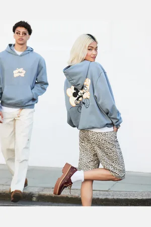 ASOS Sudadera gris unisex de corte cuadrado extragrande con capucha y estampados de Mickey Mouse de Disney de
